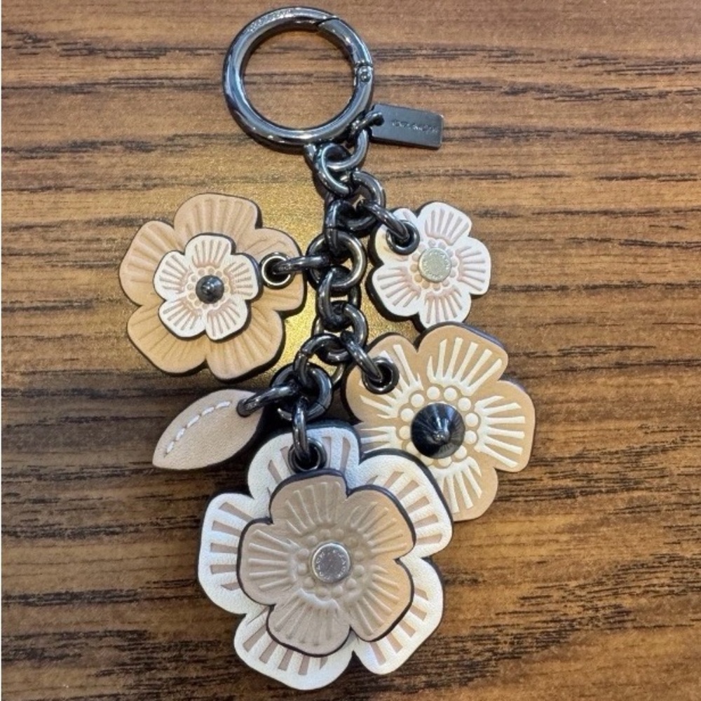Coach Beige and Cream Floral Leather Keychain